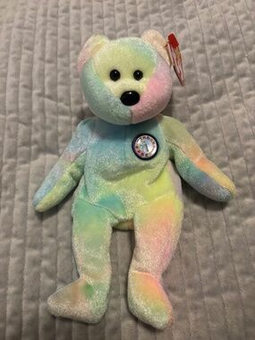 Ty Beanie Baby B.B. Bear Birthday Bear Pastel Tie Dye Mint Tags Vintage Plush